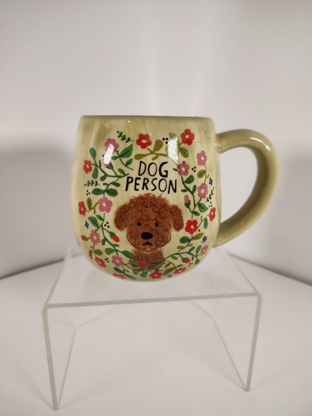 Dog Person Mug Natural Life 16oz Brown Puppy Hand-Painted Floral Accents 3.75"